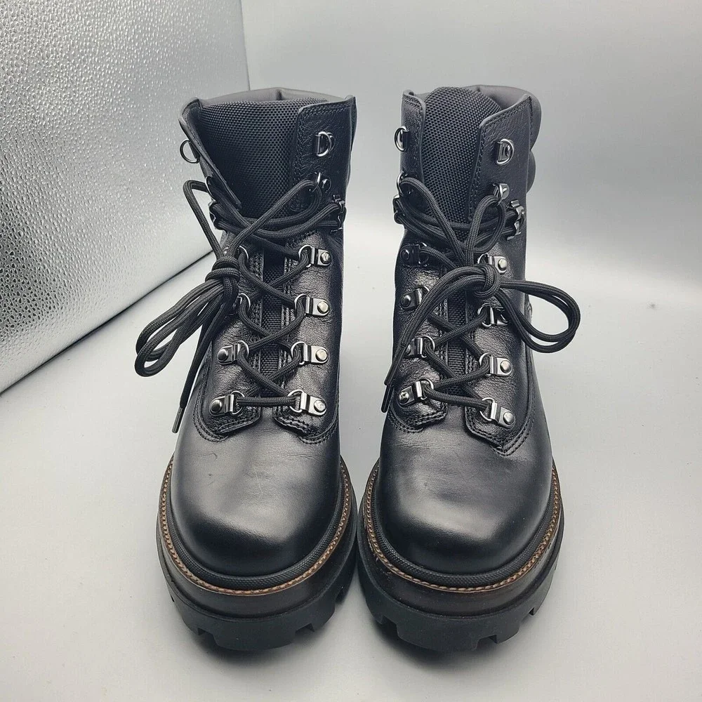 Tory Burch Women Boots Miller Lug Hiker Combat Black Lace Leather Logo 9.5 New